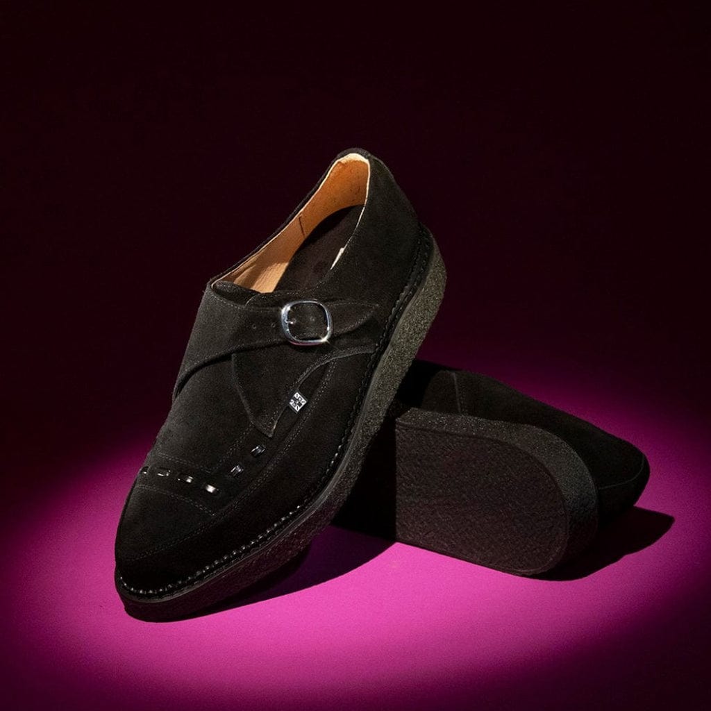 TUK Shoes 1970 Original Pointed Creeper Black Suede & Monk Buckle