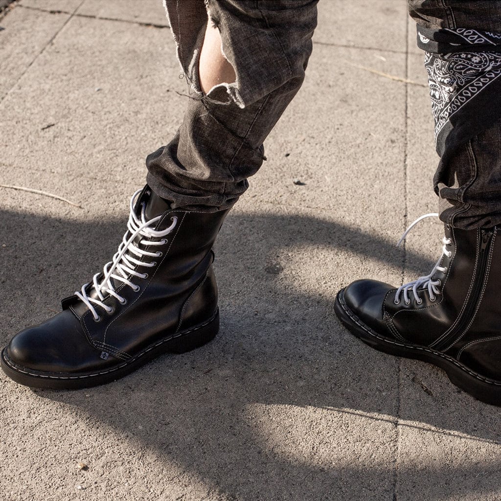 TUK Shoes 1991 Original 10-Eye Boot Black Vegan Leather & White Stitch