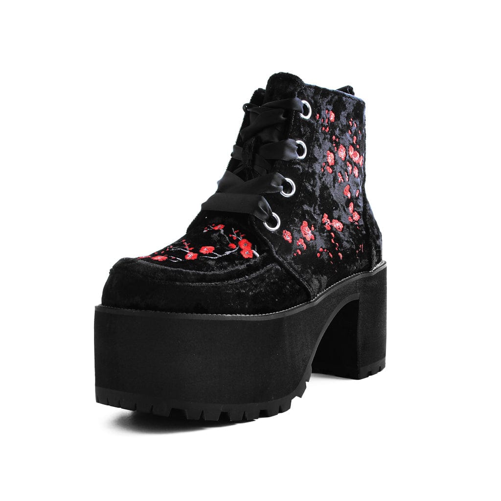TUK Shoes Nosebleed Boot Black Velvet / Embroidered Red Blossom