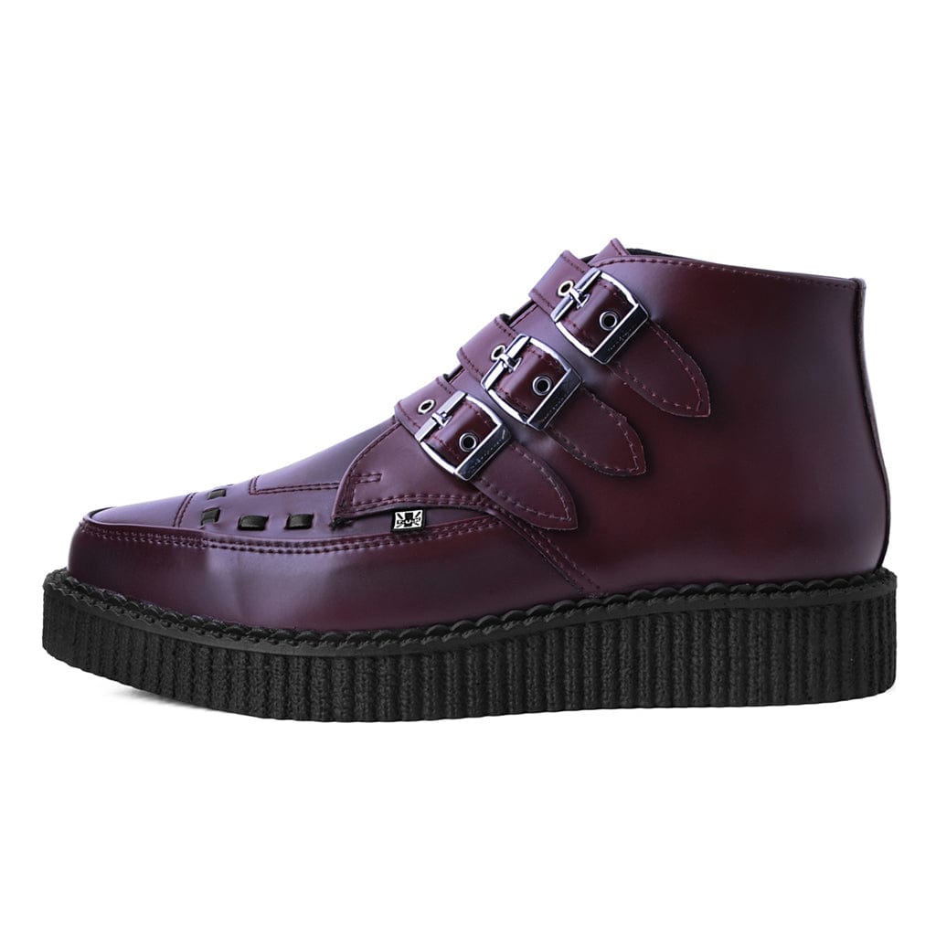 TUK Shoes Pointed Creeper 3 Buckle Boot Burgundy TUKskin Rub Off