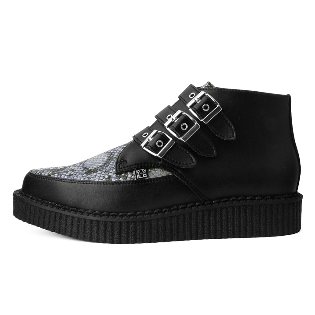 TUK Shoes Pointed Creeper 3-Buckle Boot Black & Grey Faux Snakeskin