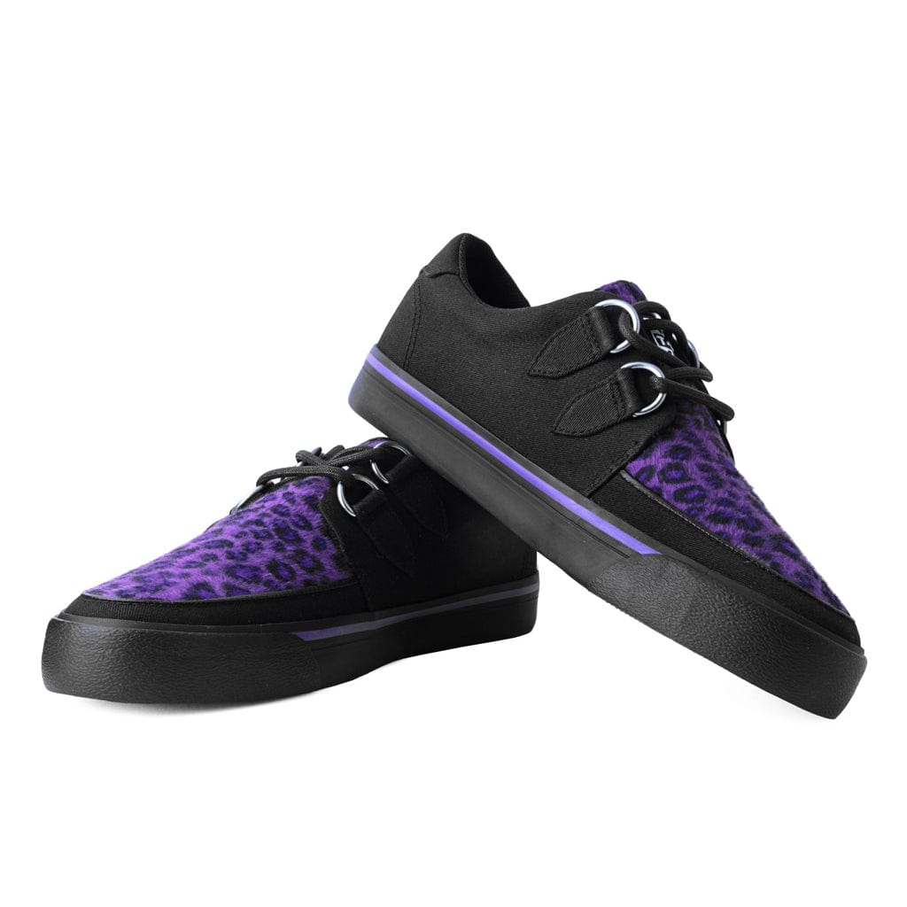 TUK Shoes Creeper Sneaker Black Canvas & Purple Leopard Fur