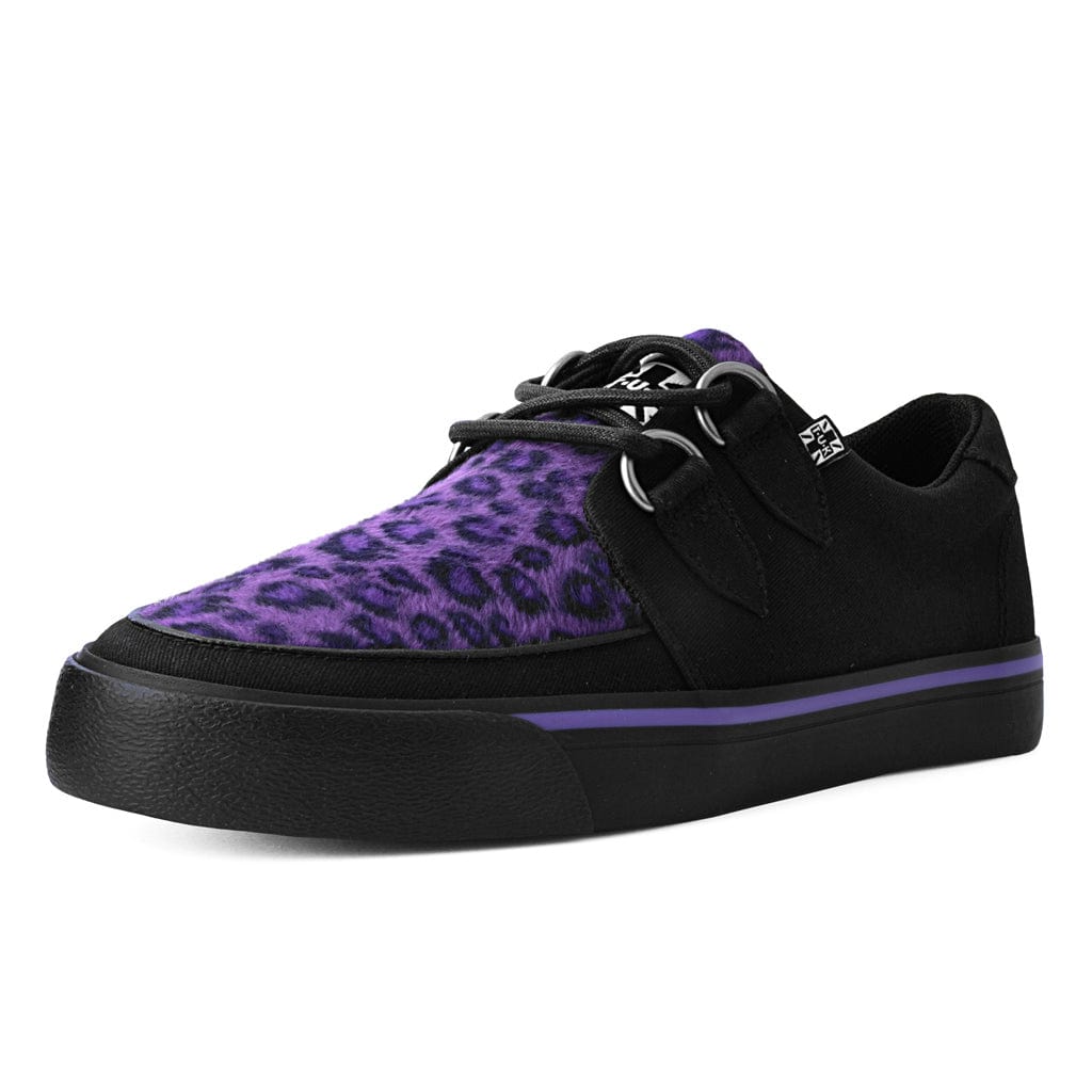 TUK Shoes Creeper Sneaker Black Canvas & Purple Leopard Fur