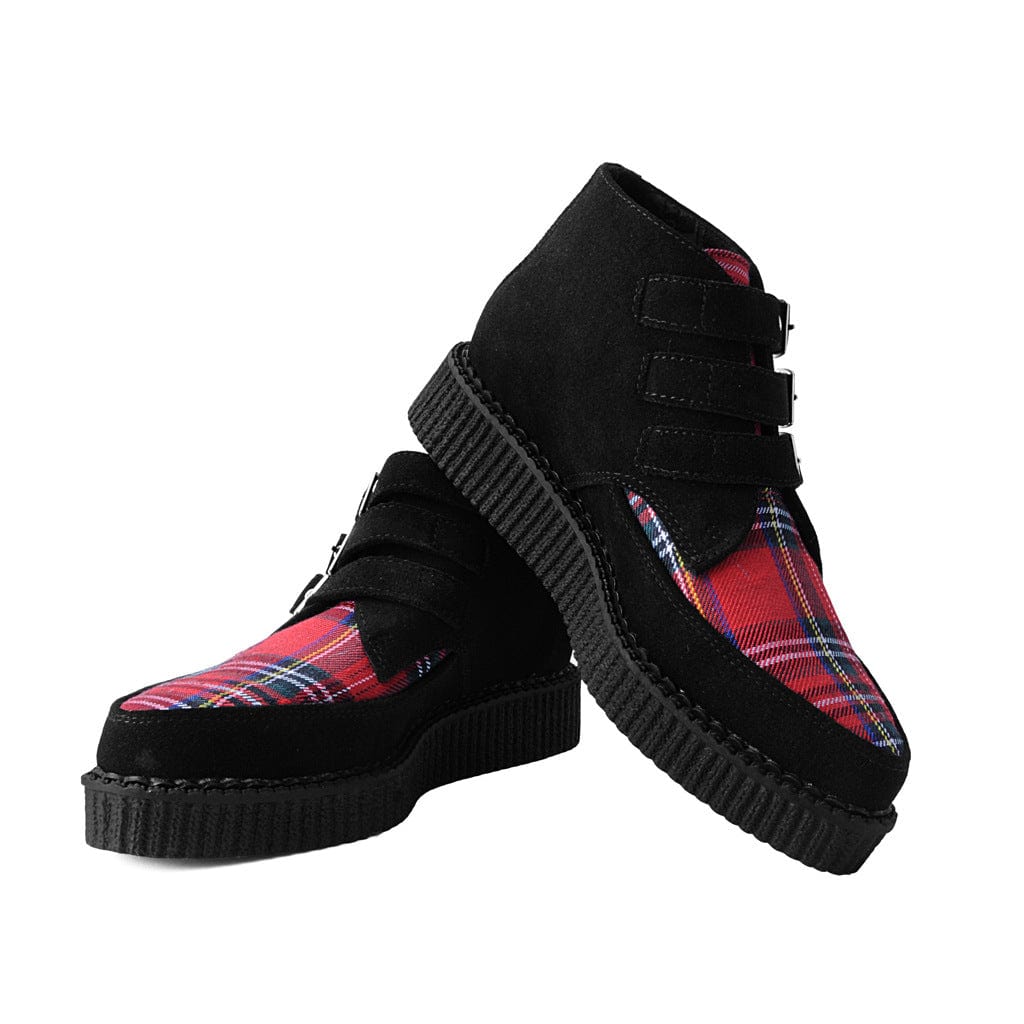 TUK Shoes Pointed Creeper 3-Buckle Boot Black Suede & Tartan