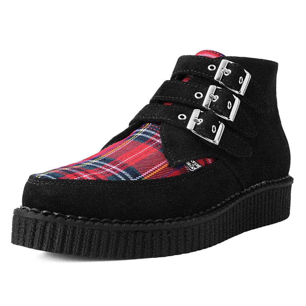 TUK Shoes Pointed Creeper 3-Buckle Boot Black Suede & Tartan