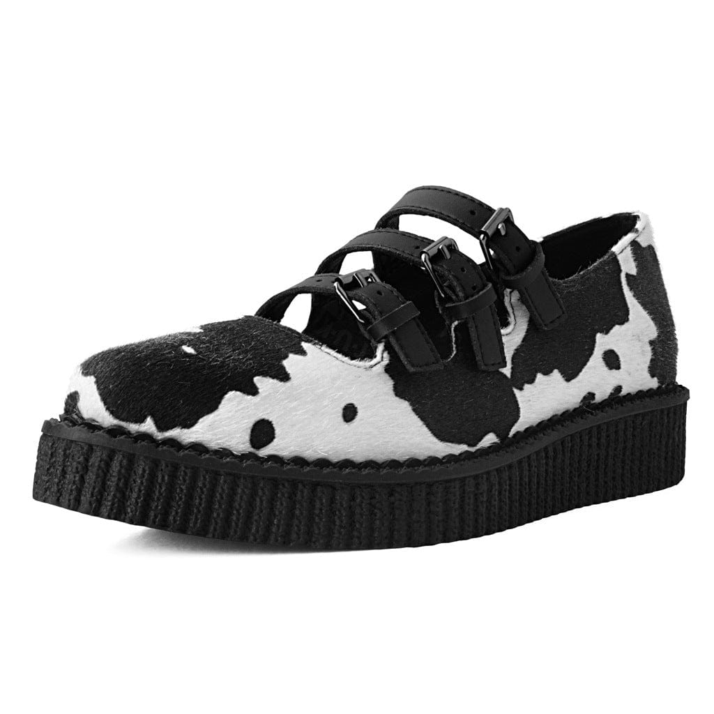 TUK Shoes Ballet Creeper 3-Strap Black & White Cow Print