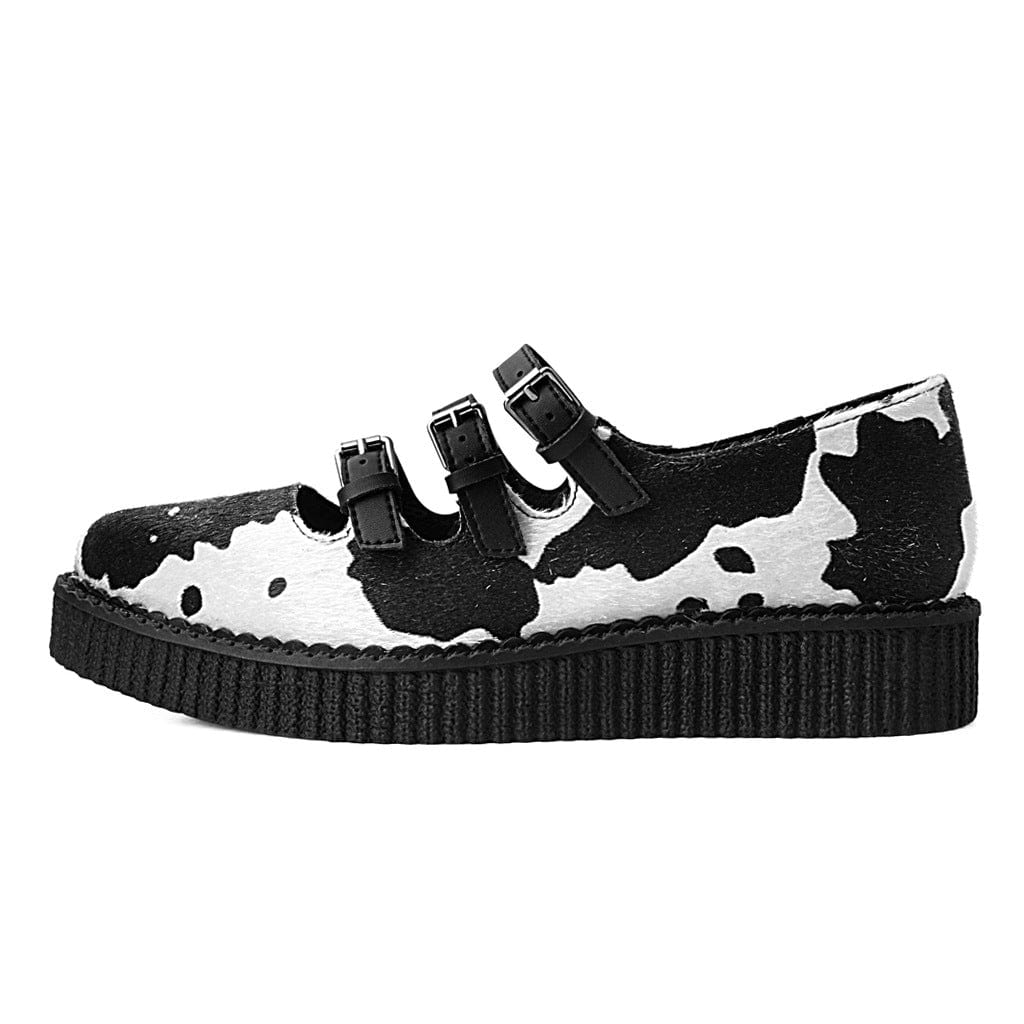 TUK Shoes Ballet Creeper 3-Strap Black & White Cow Print