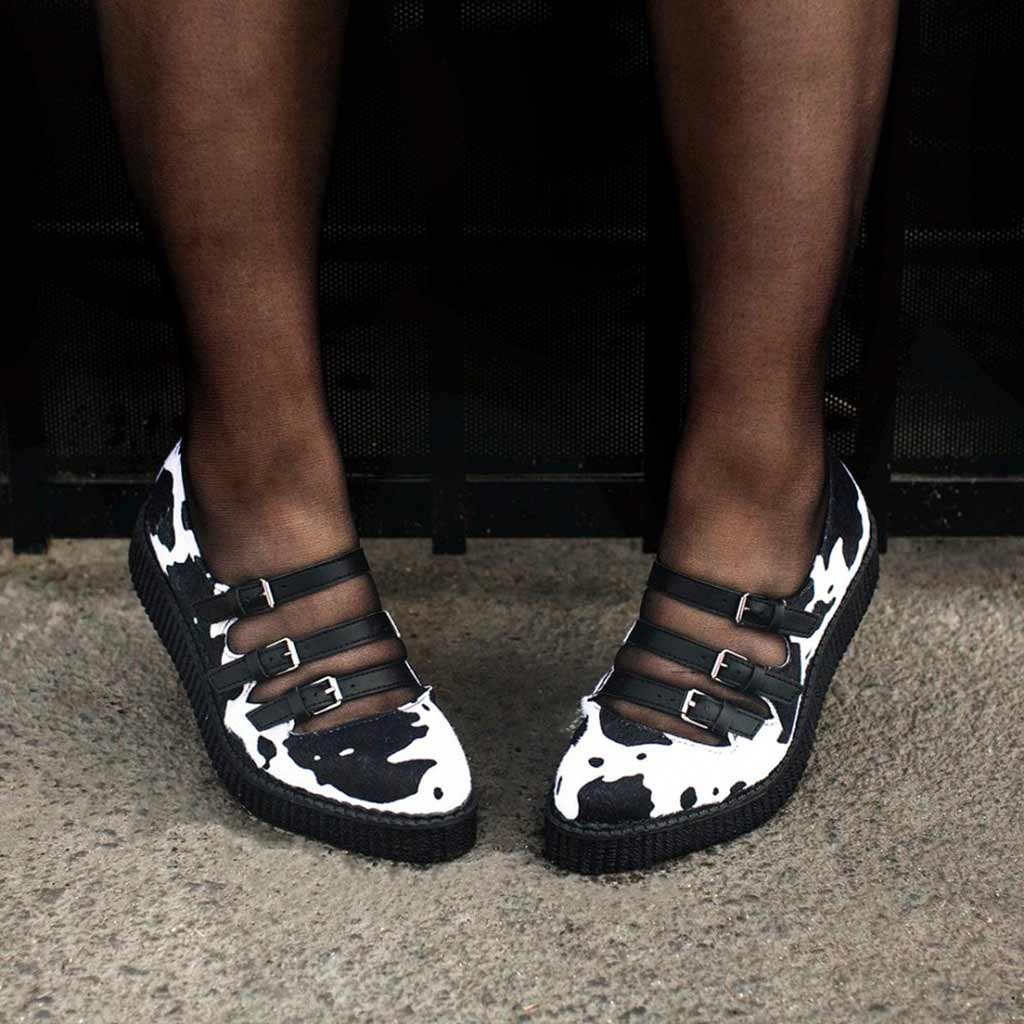 TUK Shoes Ballet Creeper 3-Strap Black & White Cow Print