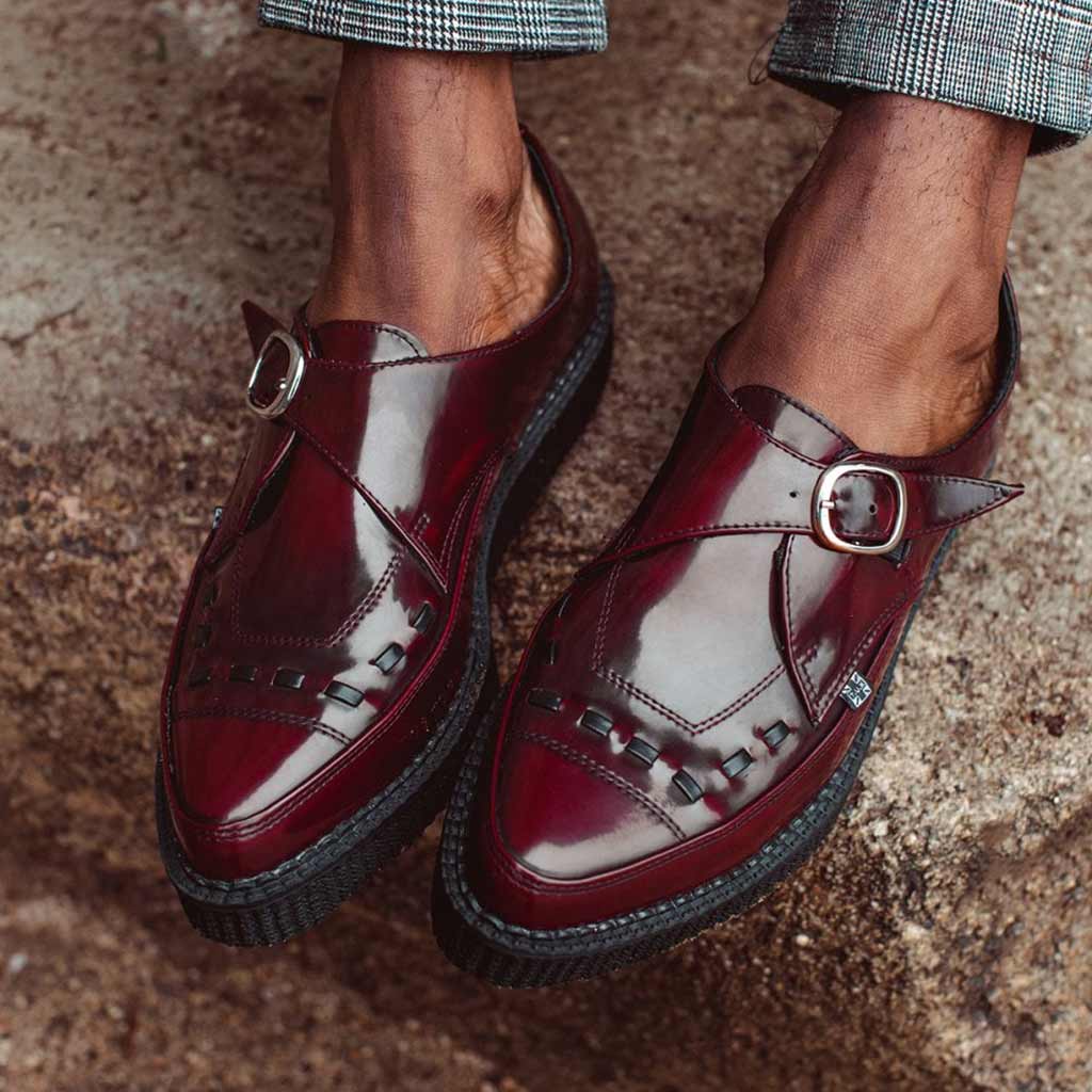 TUK Shoes Pointed Creeper Monk Buckle Burgundy Vegan Leather