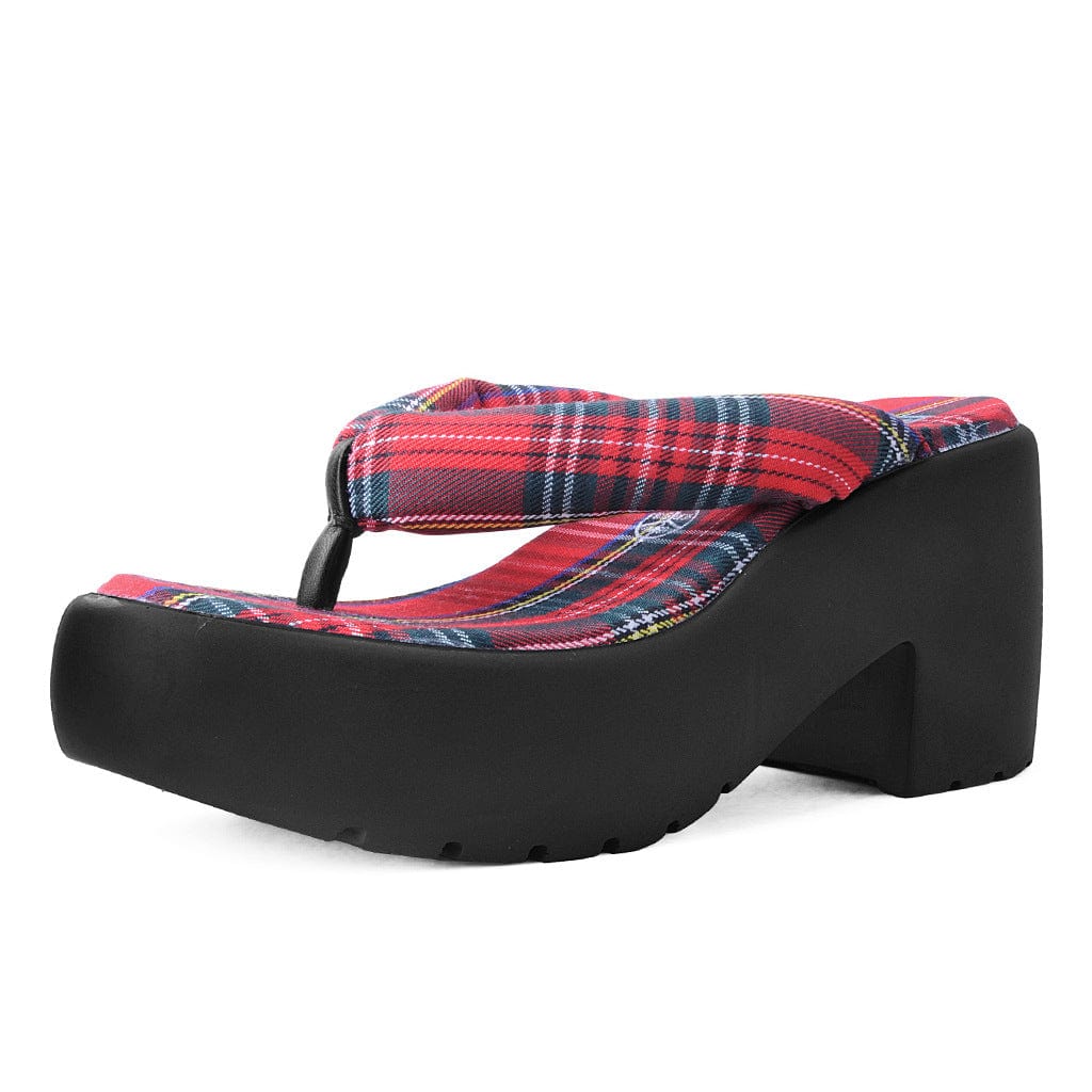 TUK Shoes Bubble Heel Platform Thongs Red Tartan