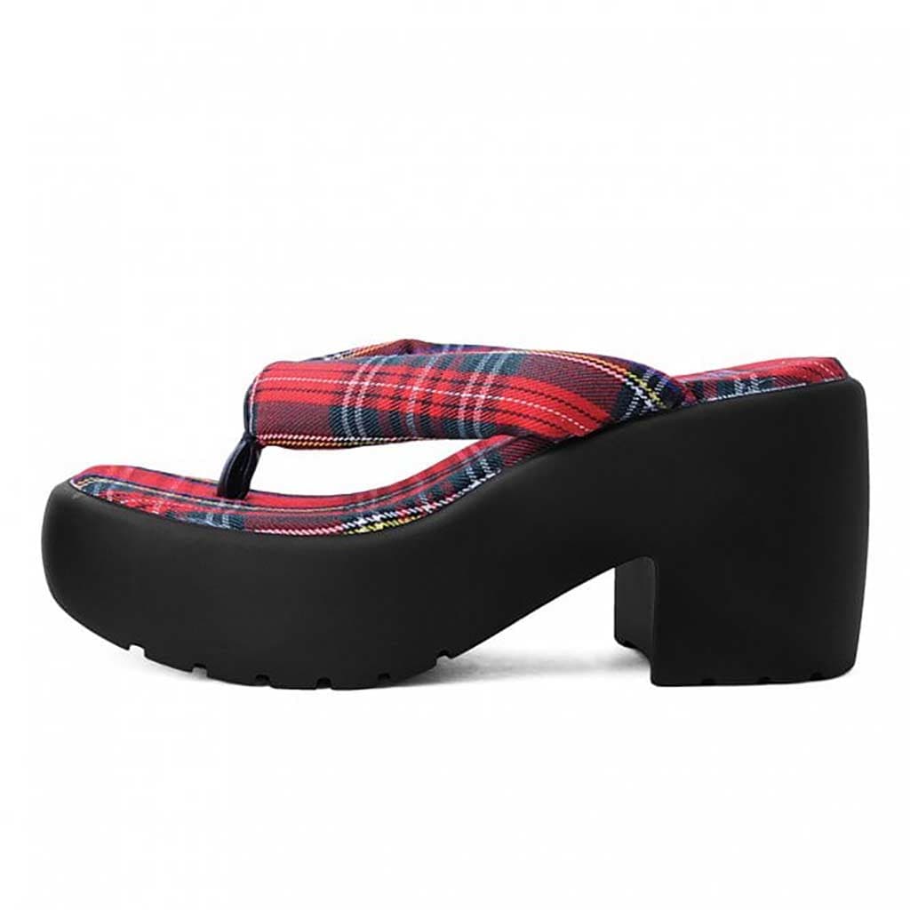 TUK Shoes Bubble Heel Platform Thongs Red Tartan