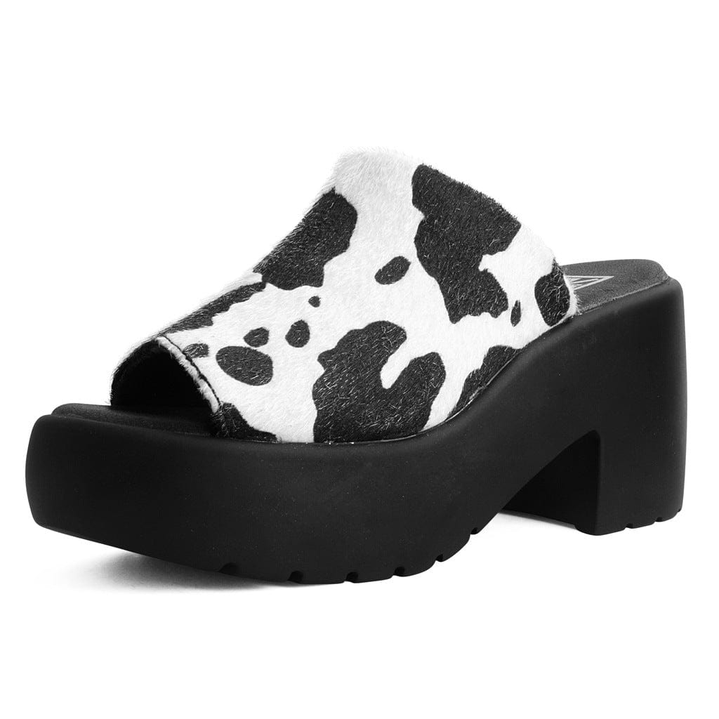 TUK Shoes Bubble Heel Mule Platform Sandal Cow Print Faux Fur