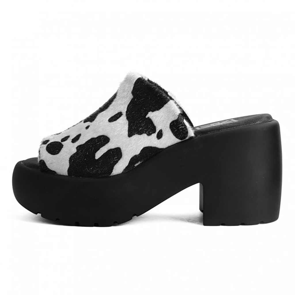 TUK Shoes Bubble Heel Mule Platform Sandal Cow Print Faux Fur