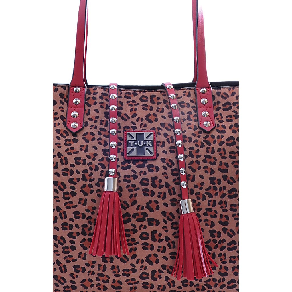 TUK Shoes Stud Tassel Tote Bag Red Leopard Microfiber