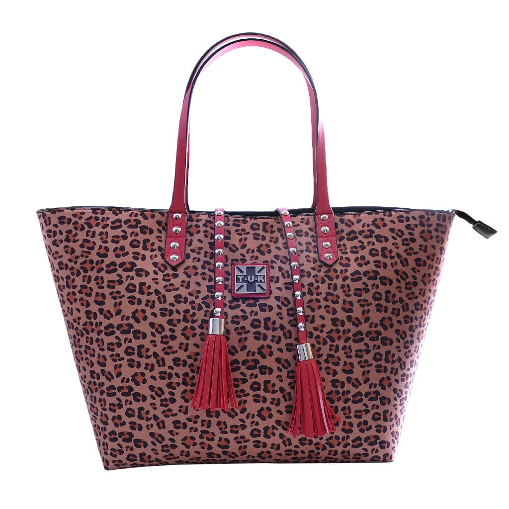 TUK Shoes Stud Tassel Tote Bag Red Leopard Microfiber