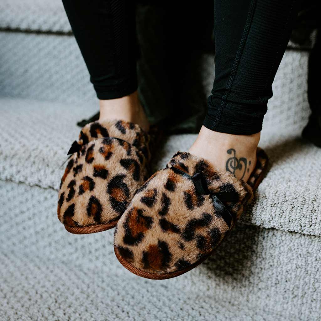 TUK Shoes Slipper Brown Leopard Faux Fur