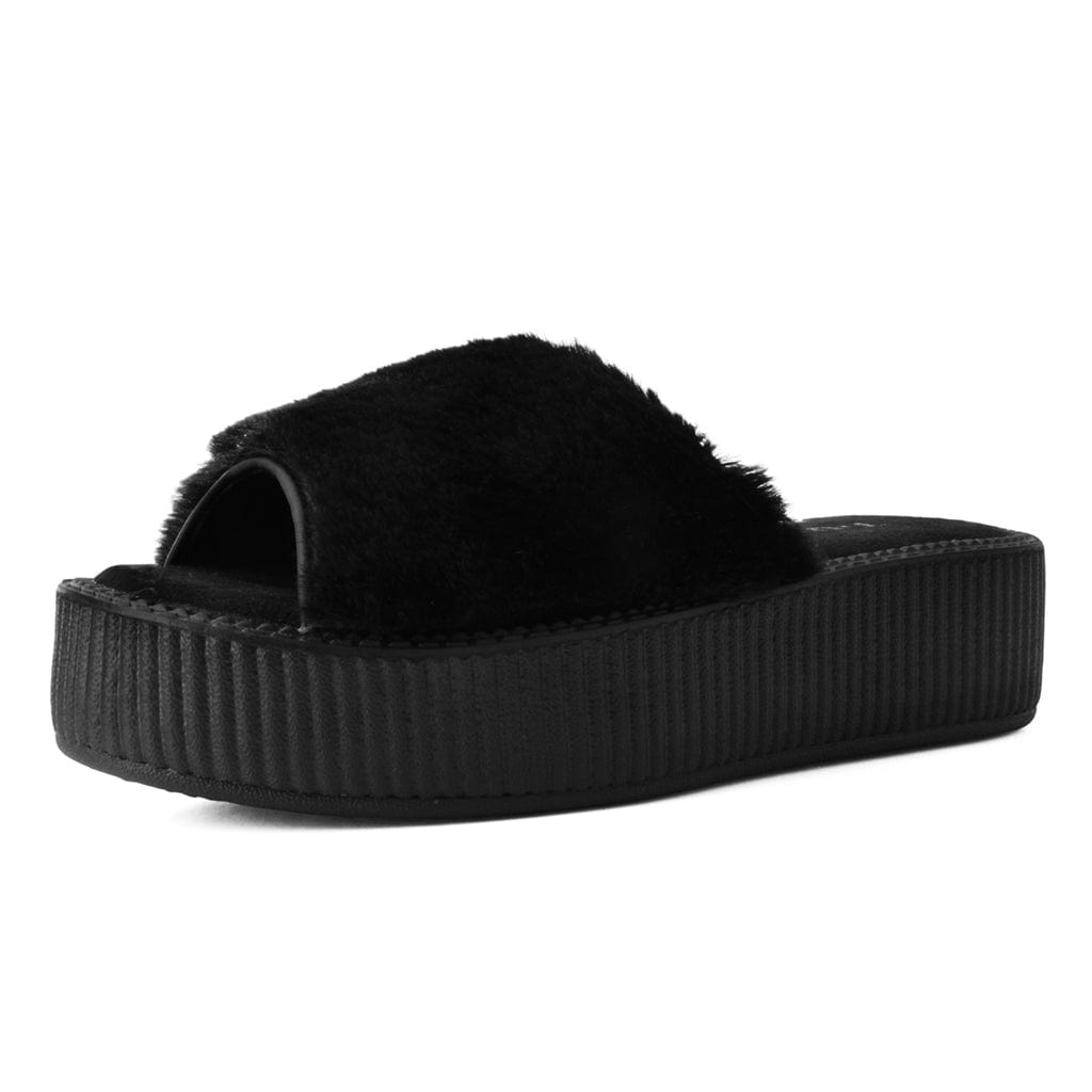 TUK Shoes Viva Mondo Slide Sandal Black Fuzzy Fur