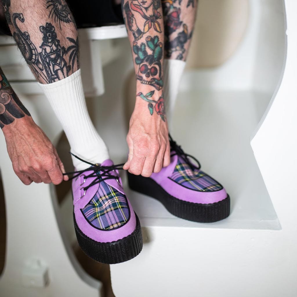 TUK Shoes Viva Hi Sole Creeper Violet Purple Vegan Suede & Tartan