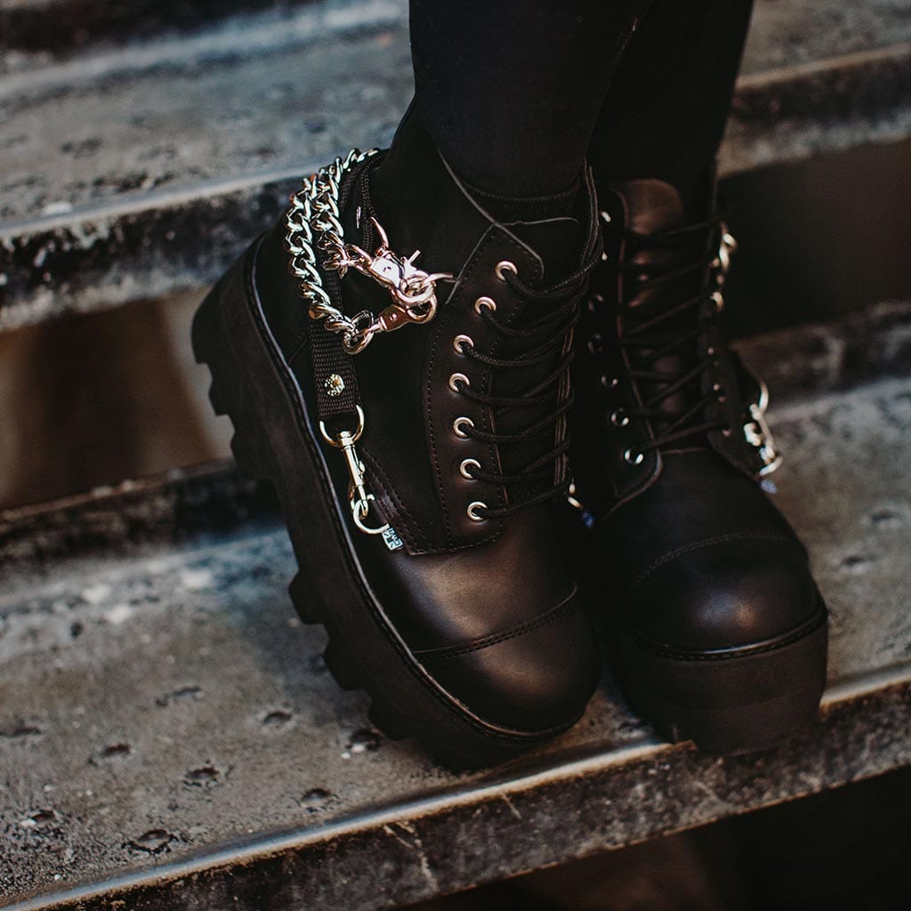 TUK Shoes Dino Lug Boot Black Vegan Leather Chain & Bondage Strap