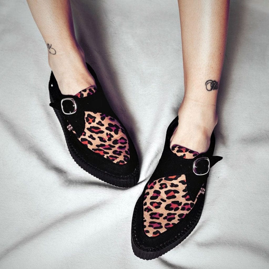 TUK Shoes Pointed Creeper  Black Suede & Leopard Print