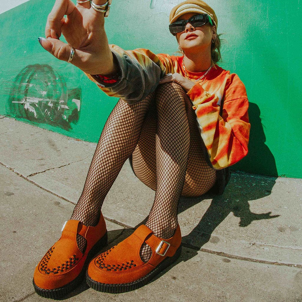 TUK Shoes Viva Flex T-Bar Sandal Bunt Orange Vegan Suede